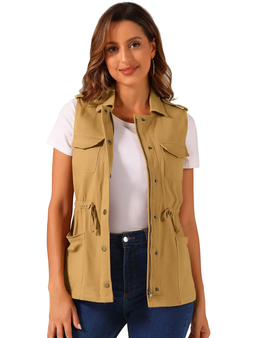 Allegra K- Sleeveless Zip Up Drawstring Waist Cargo Vest