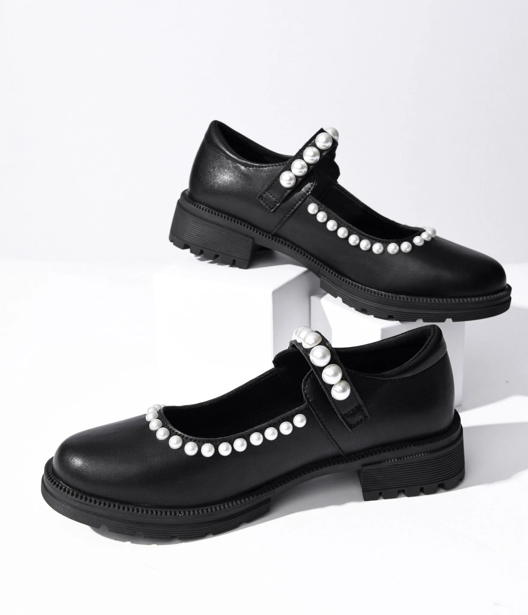 Black Leatherette & Pearl Mary Jane Flats