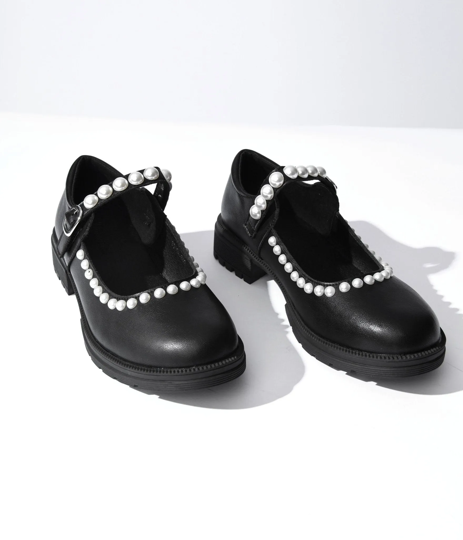 Black Leatherette & Pearl Mary Jane Flats