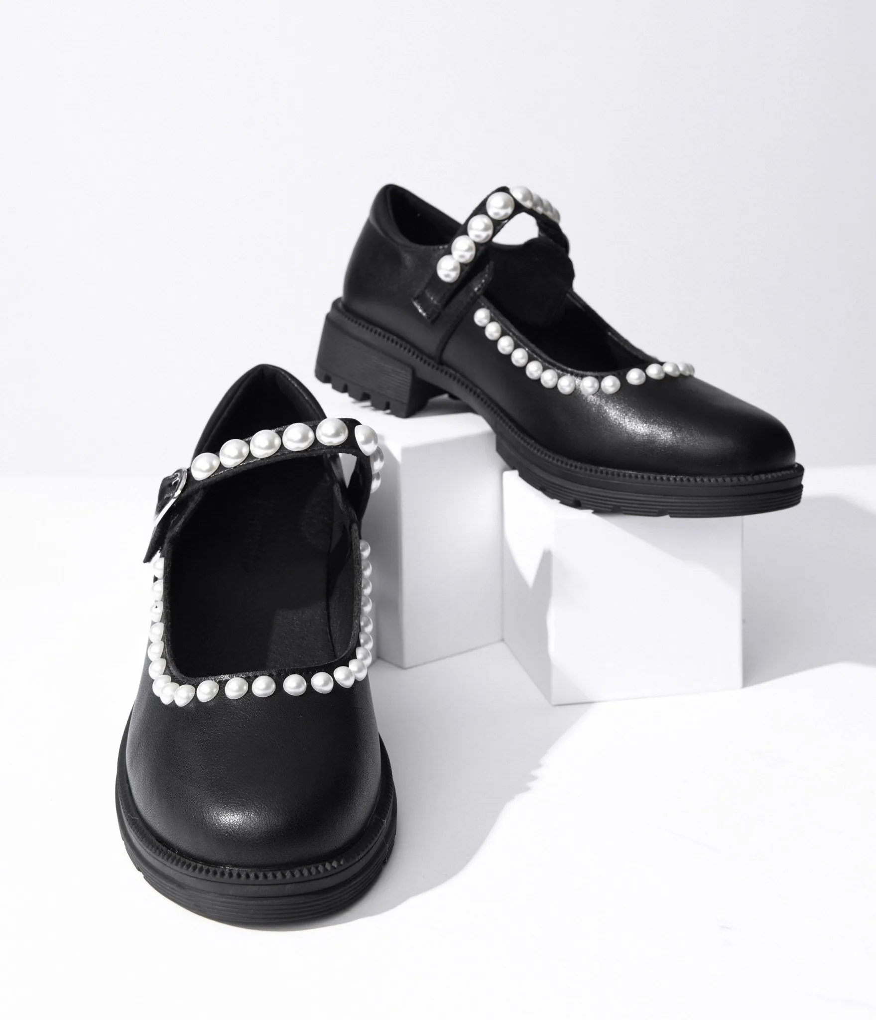 Black Leatherette & Pearl Mary Jane Flats