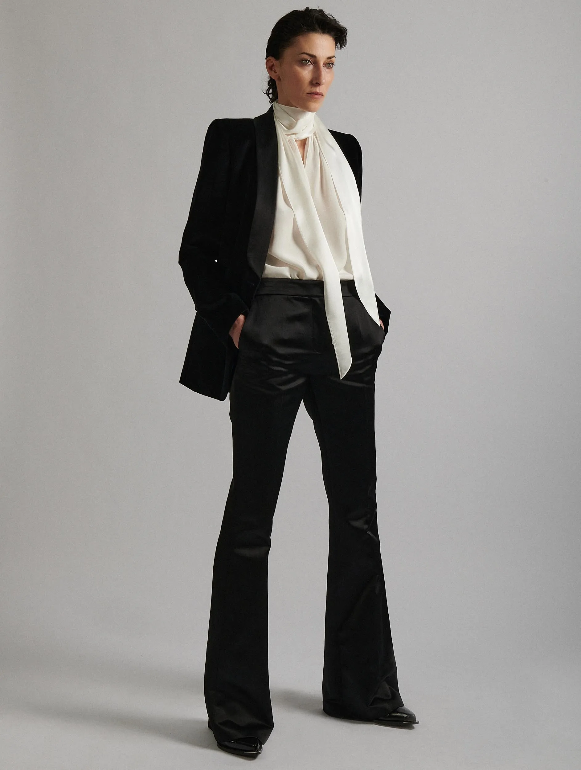 Black satin smoking bootleg suit trousers