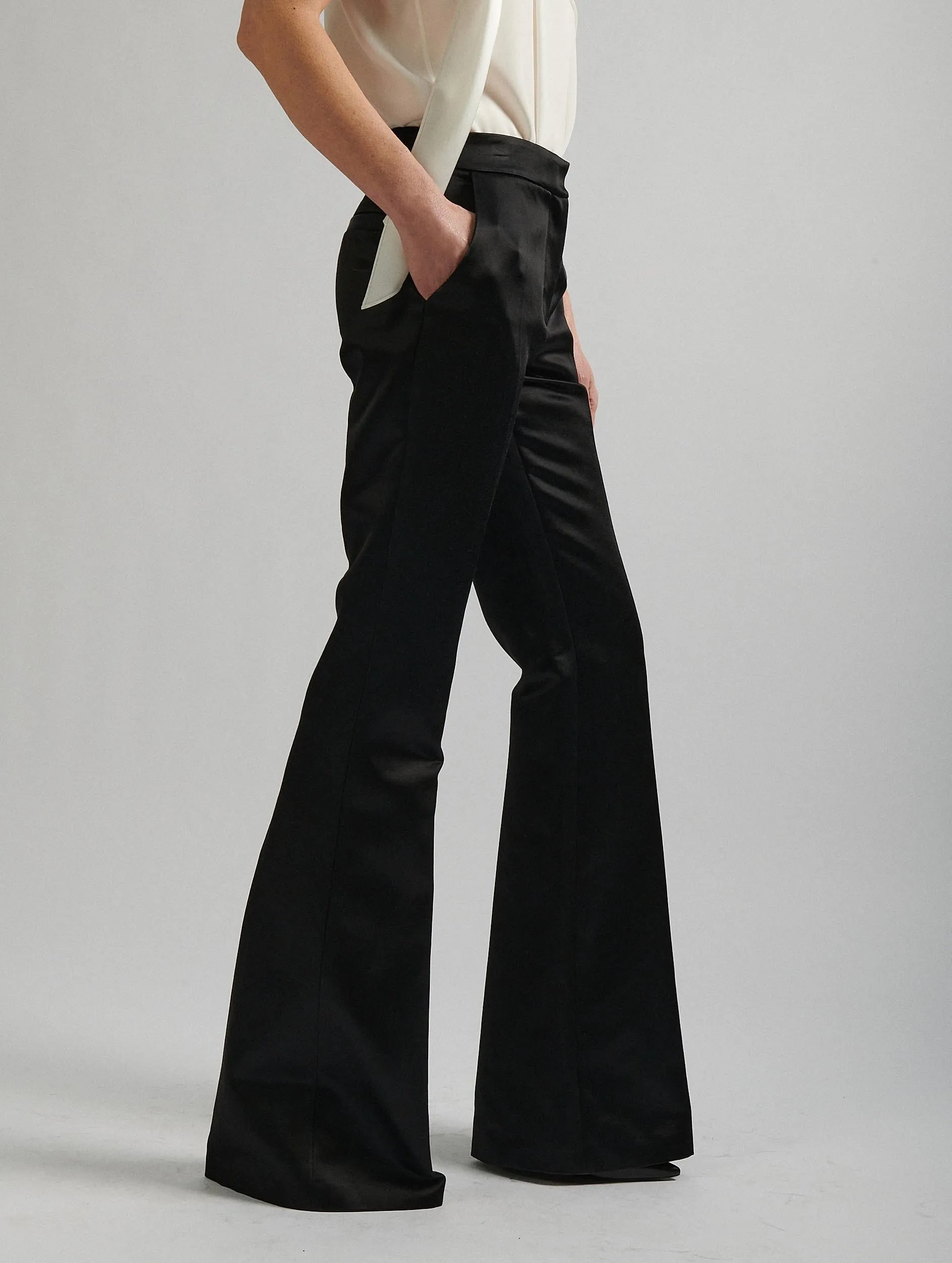 Black satin smoking bootleg suit trousers