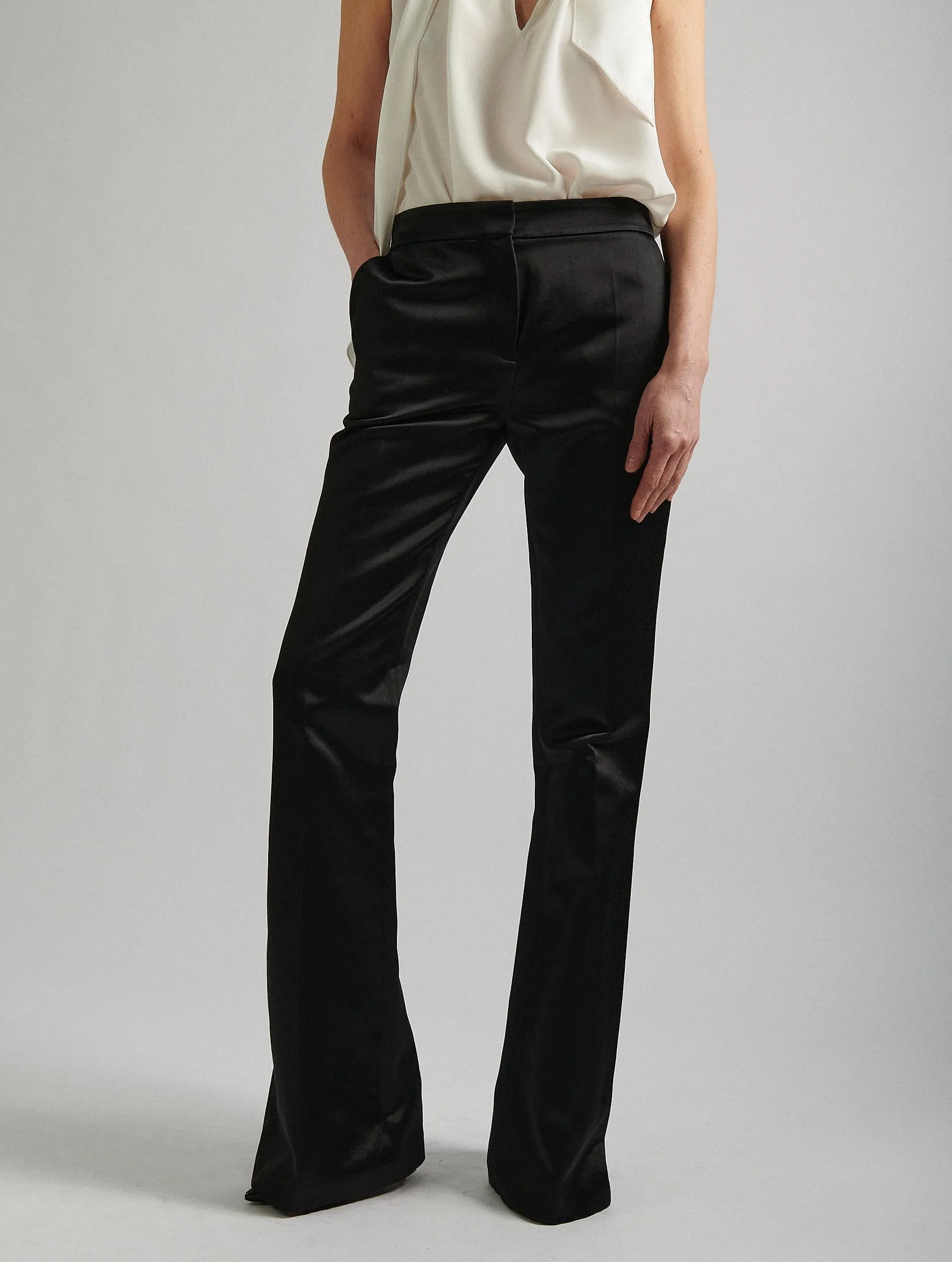 Black satin smoking bootleg suit trousers