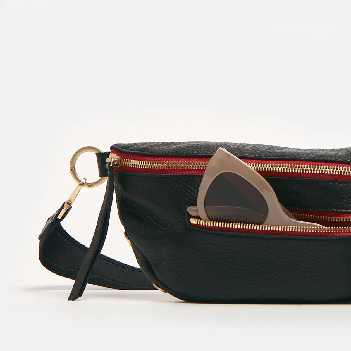 Charles Crossbody | Black/Brushed Gold Red Zip | Med - Short Strap