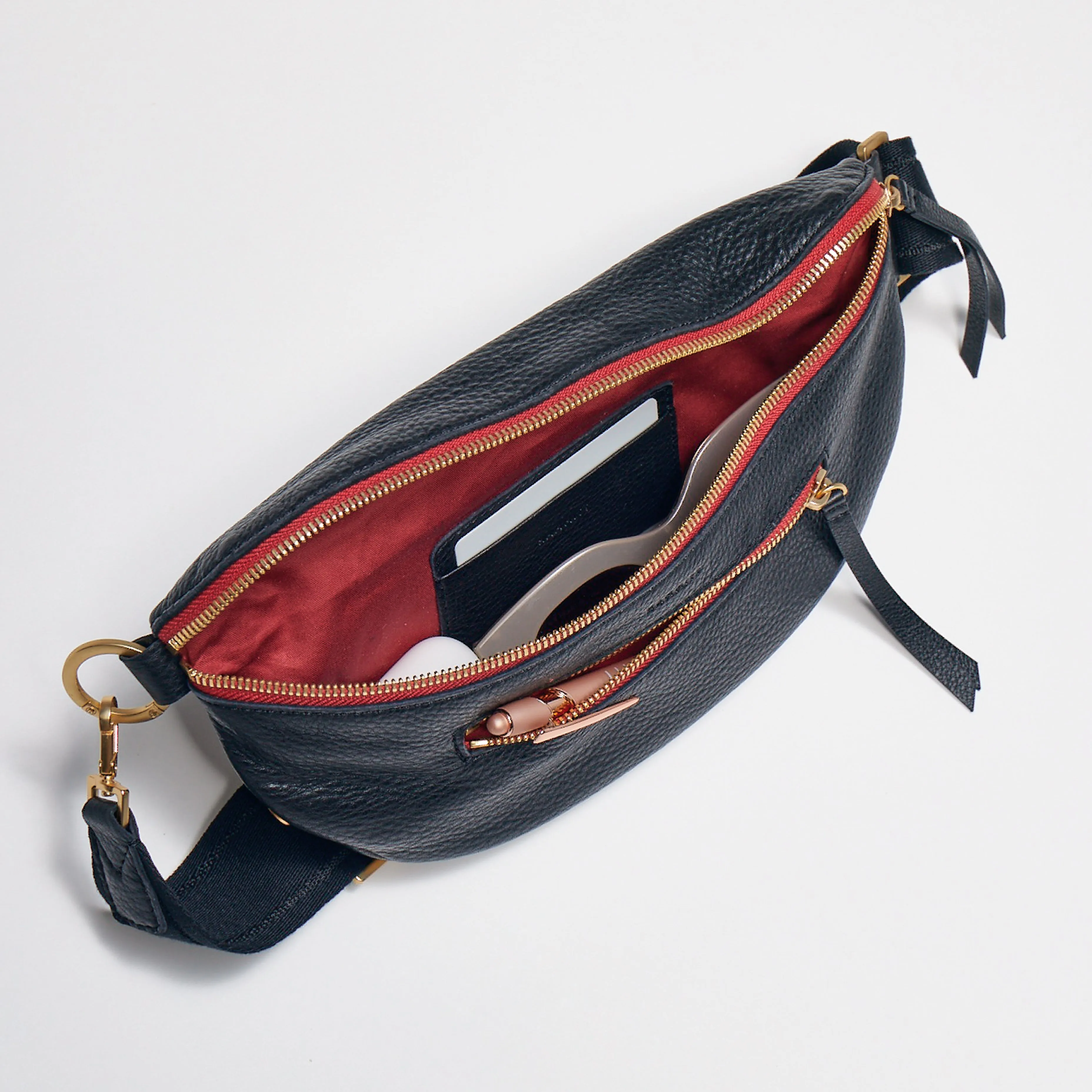 Charles Crossbody | Black/Brushed Gold Red Zip | Med - Short Strap