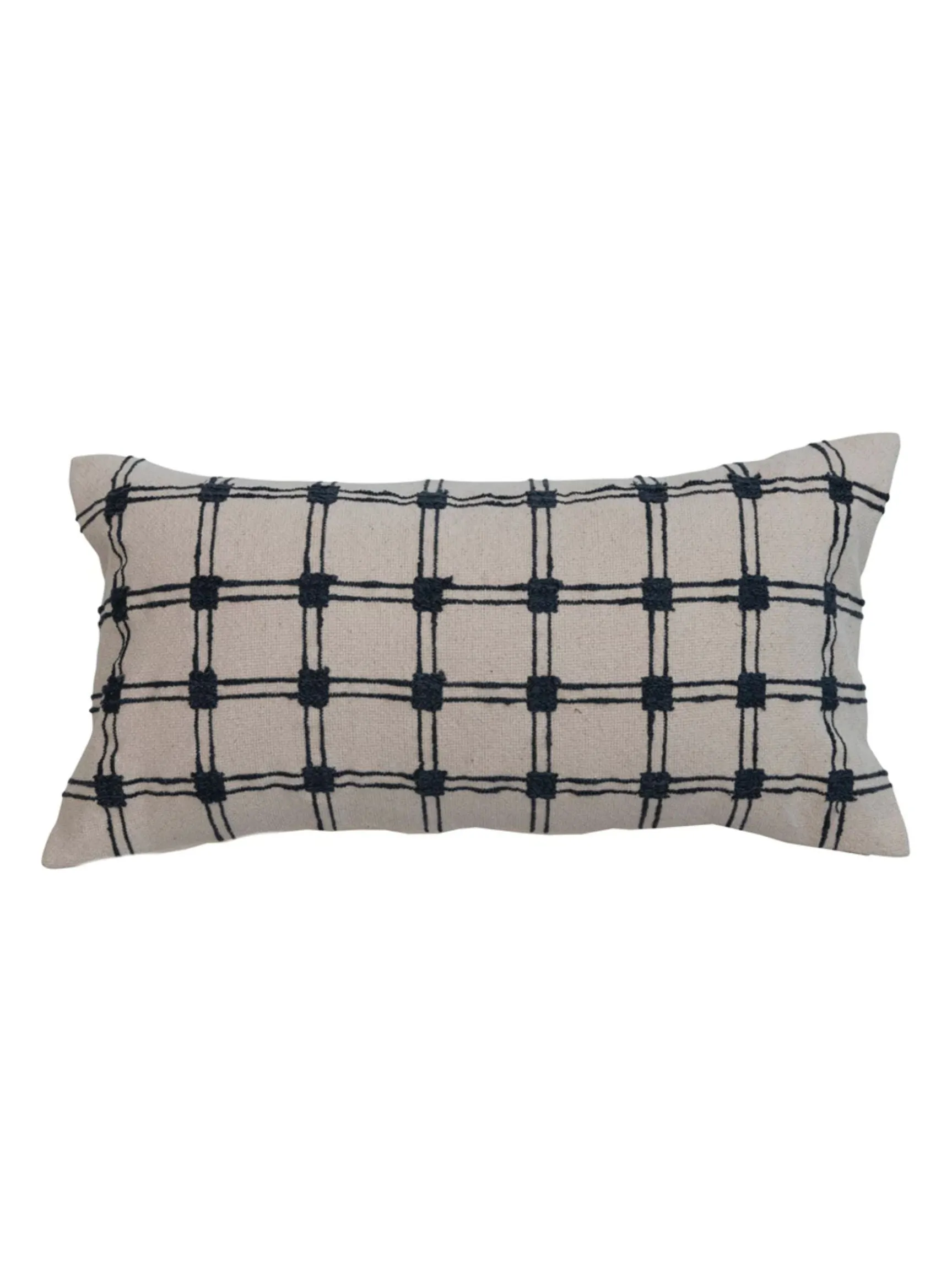 Cotton Slub Embroidered Lumbar Pillow w/ Grid Pattern