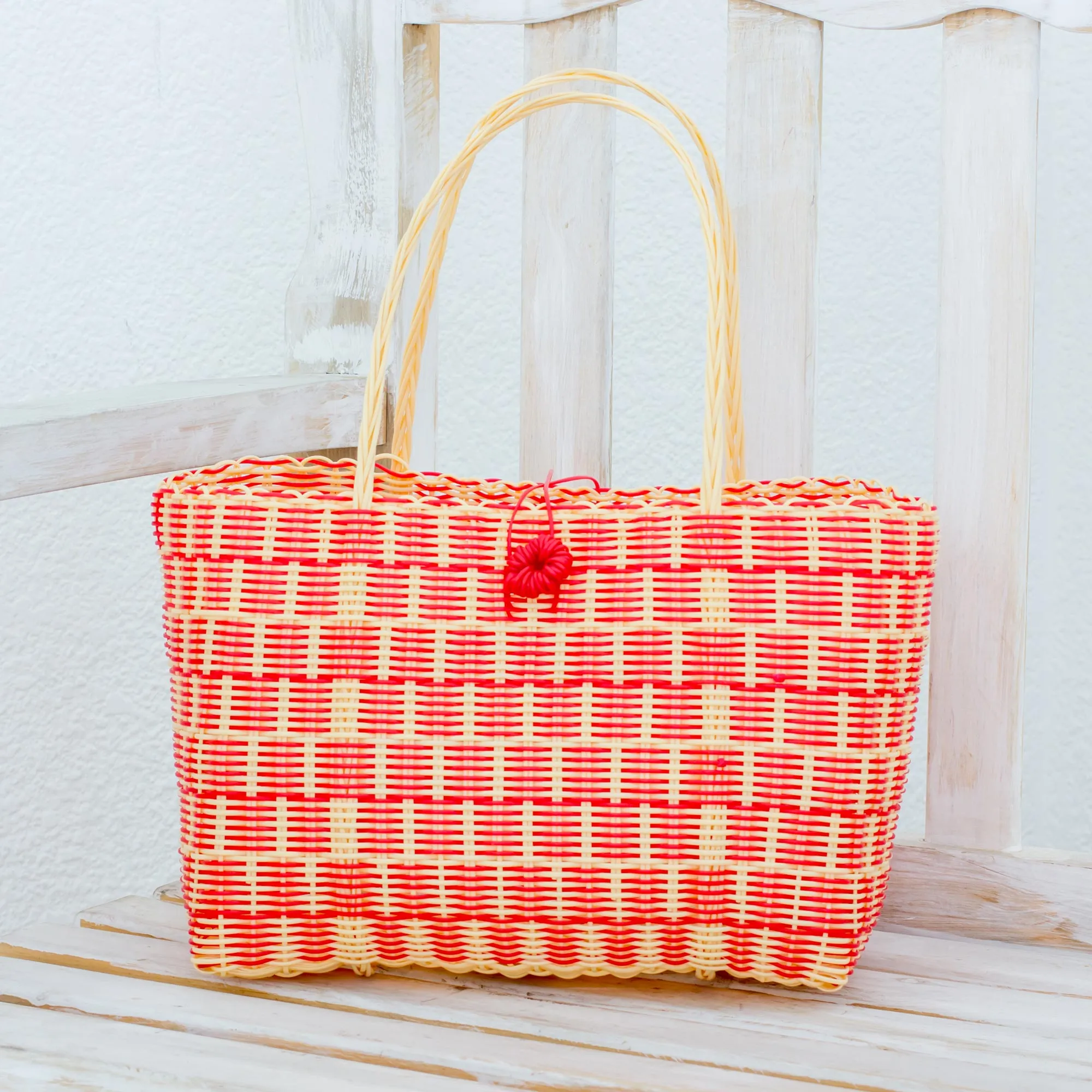 Delightful Day in Strawberry Handwoven Recycled Plastic Tote in Strawberry and Cornsilk