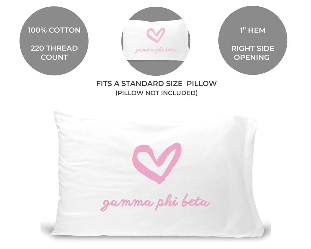 Gamma Phi Beta Sorority Name with Heart Design on Printed Pillowcase