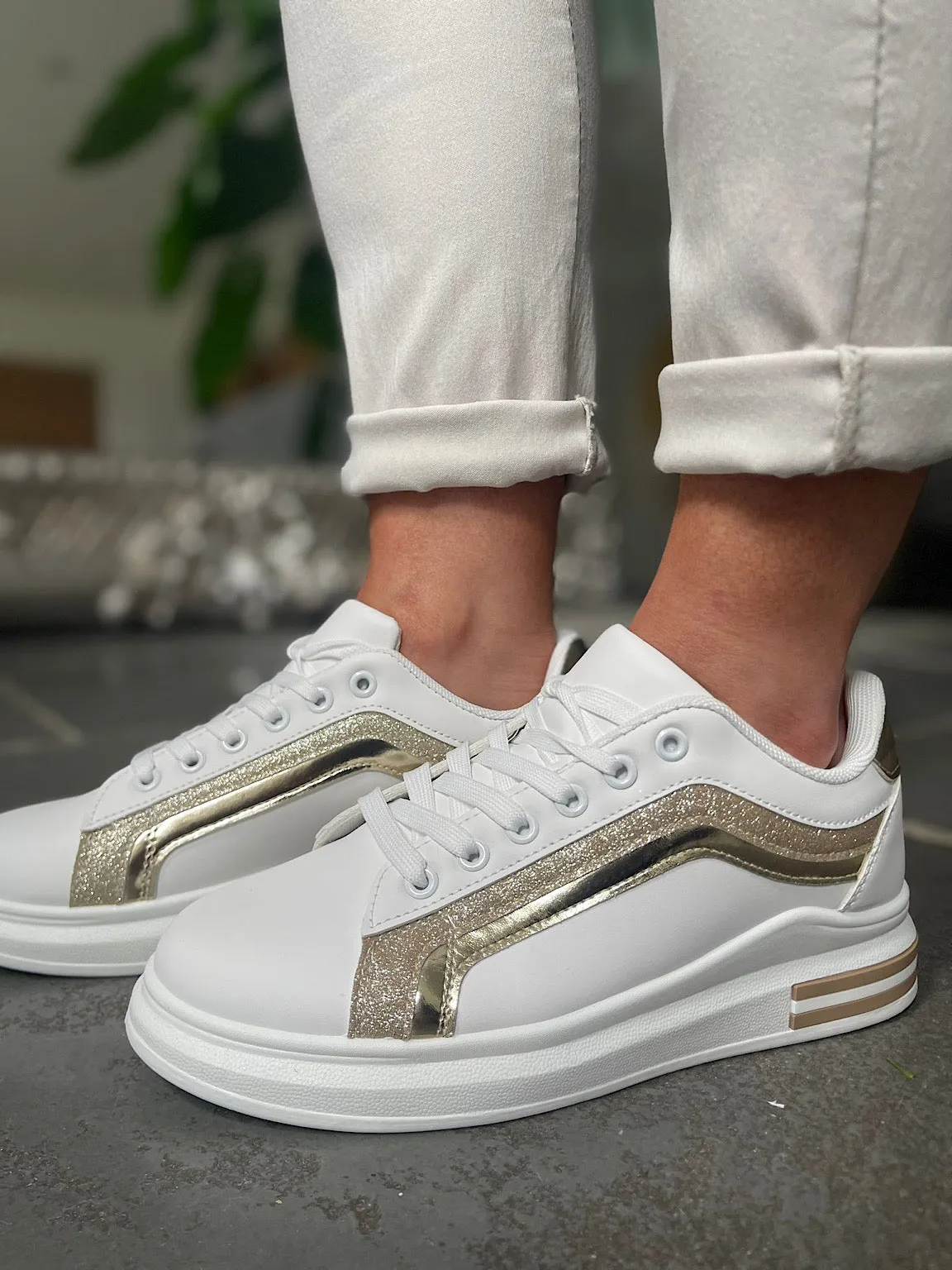 Gold Metallic Glitter Stripe Trainers