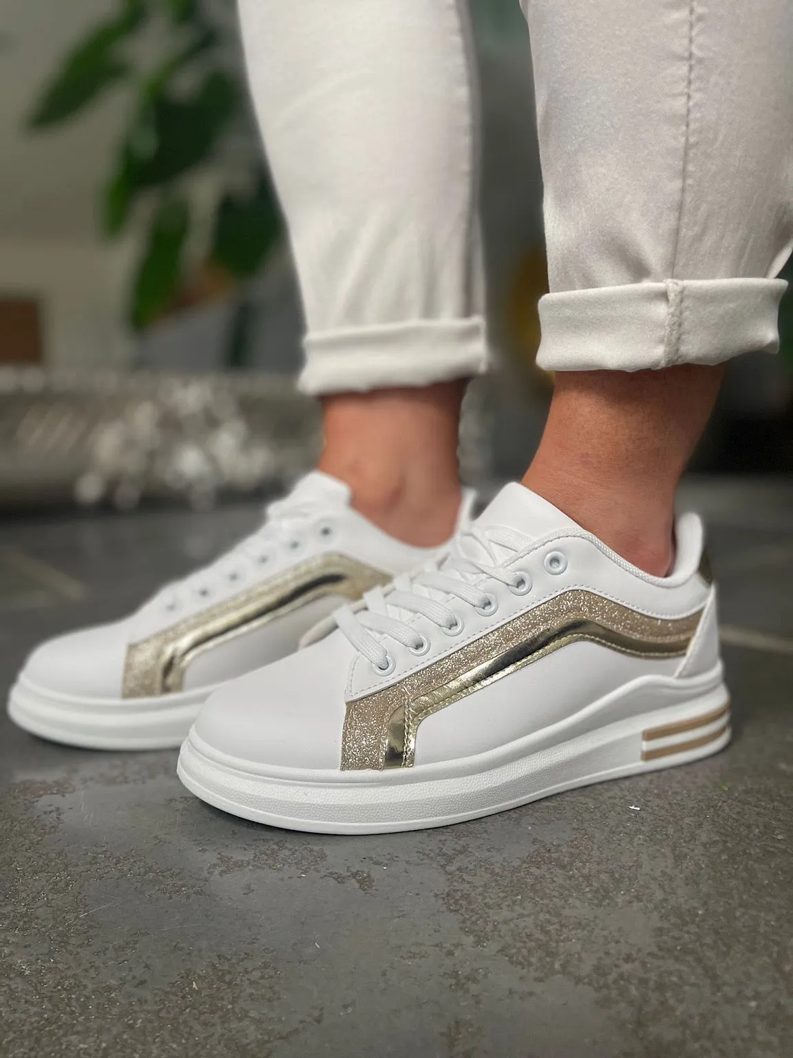 Gold Metallic Glitter Stripe Trainers