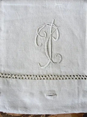 GORGEOUS Antique Linen Pillowcase French Country Farmhouse Linens,Pillow Sham,Raised Embroidery Monogram,China Button Closing Vi