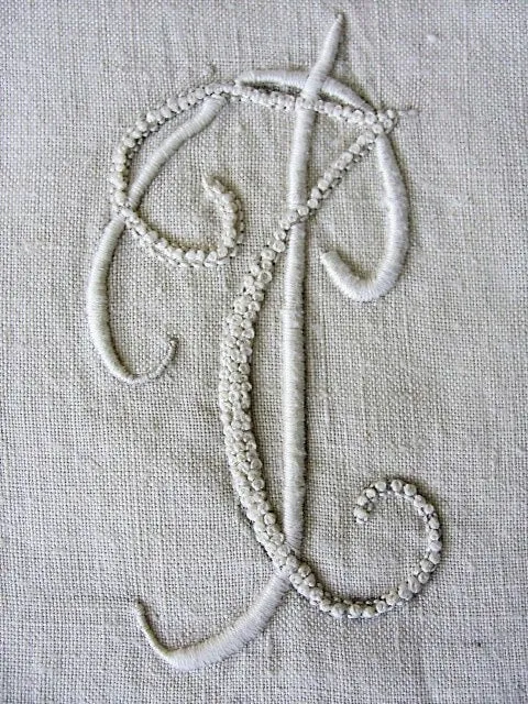 GORGEOUS Antique Linen Pillowcase French Country Farmhouse Linens,Pillow Sham,Raised Embroidery Monogram,China Button Closing Vi