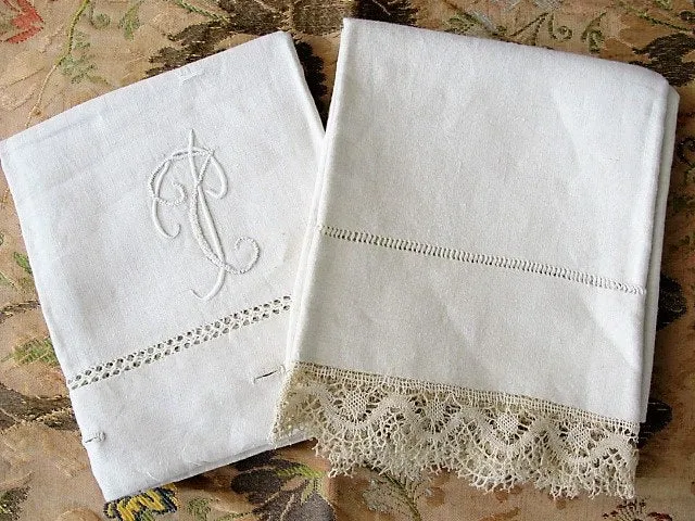 GORGEOUS Antique Linen Pillowcase French Country Farmhouse Linens,Pillow Sham,Raised Embroidery Monogram,China Button Closing Vi