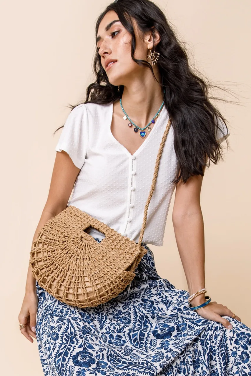 Kianna Open Handle Cut Out Straw Crossbody in Natural