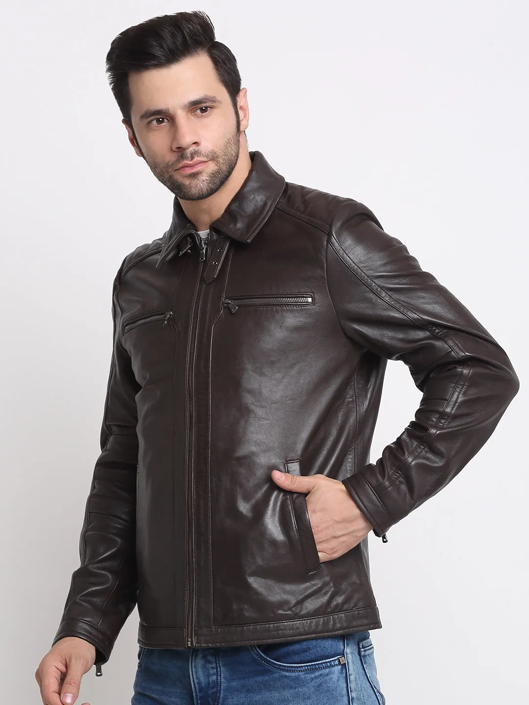 Men Brown Solid Leather Jacket