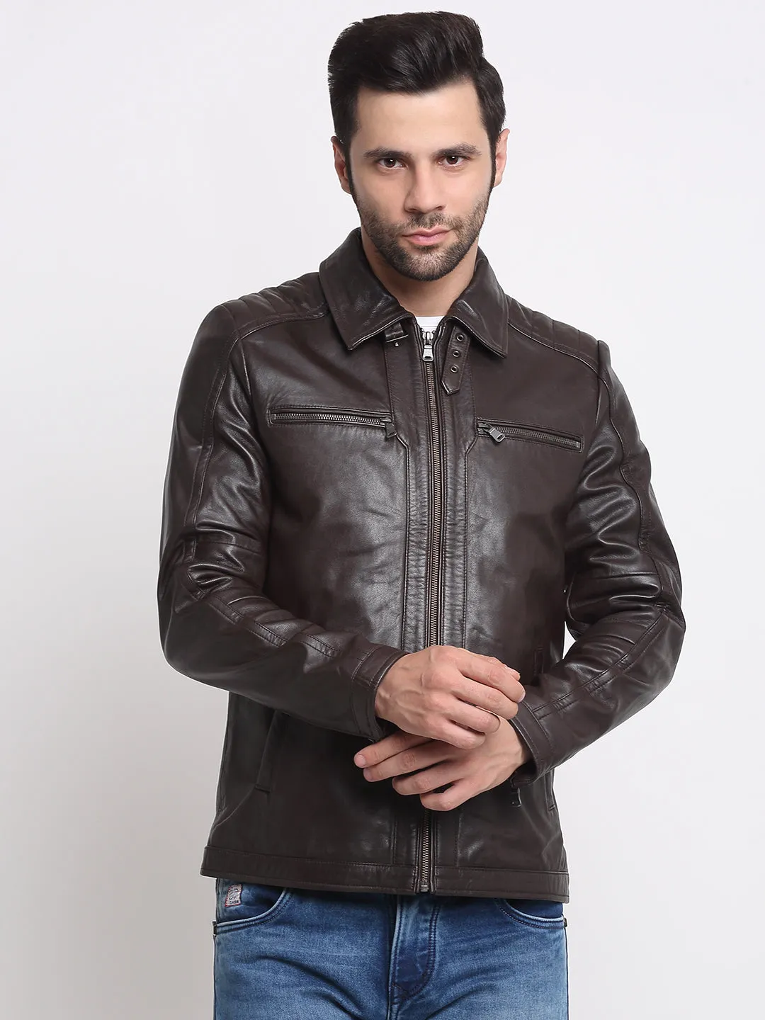 Men Brown Solid Leather Jacket