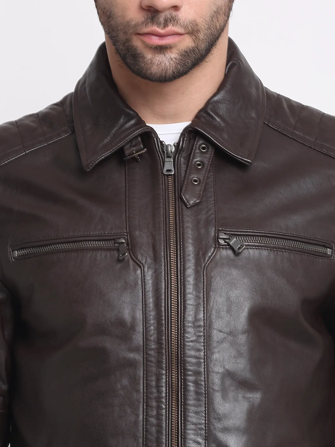 Men Brown Solid Leather Jacket