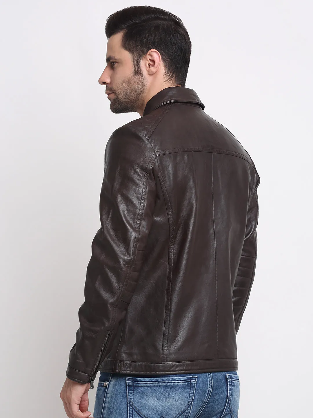 Men Brown Solid Leather Jacket