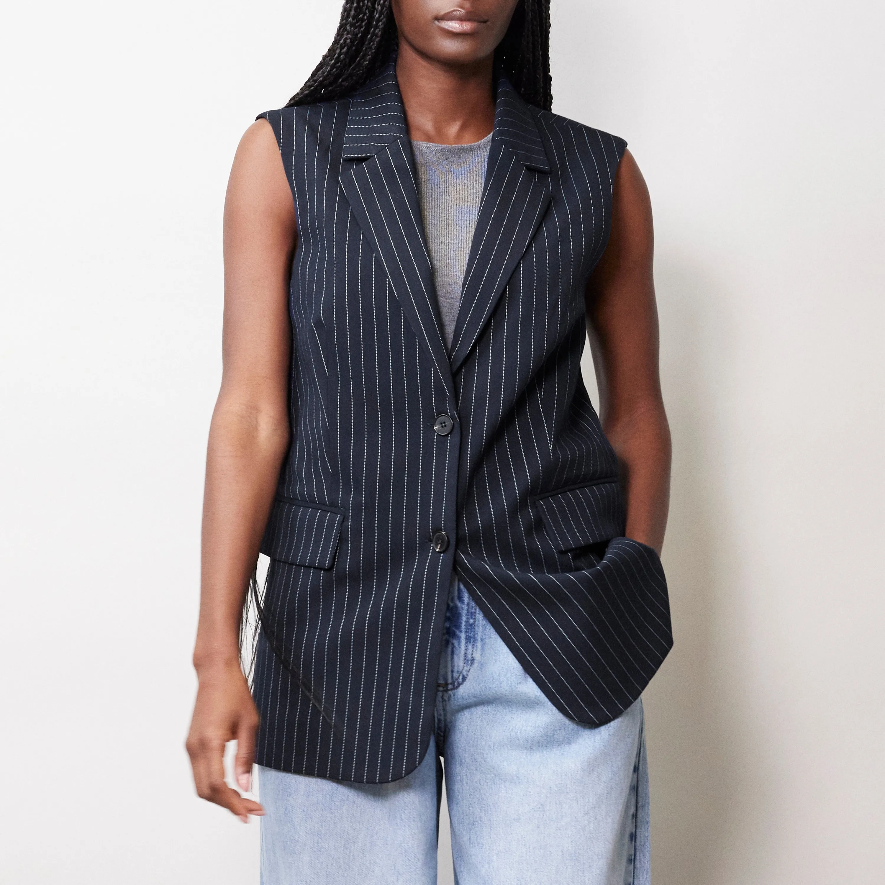 Navy Pinstripe Sleeveless Jacket