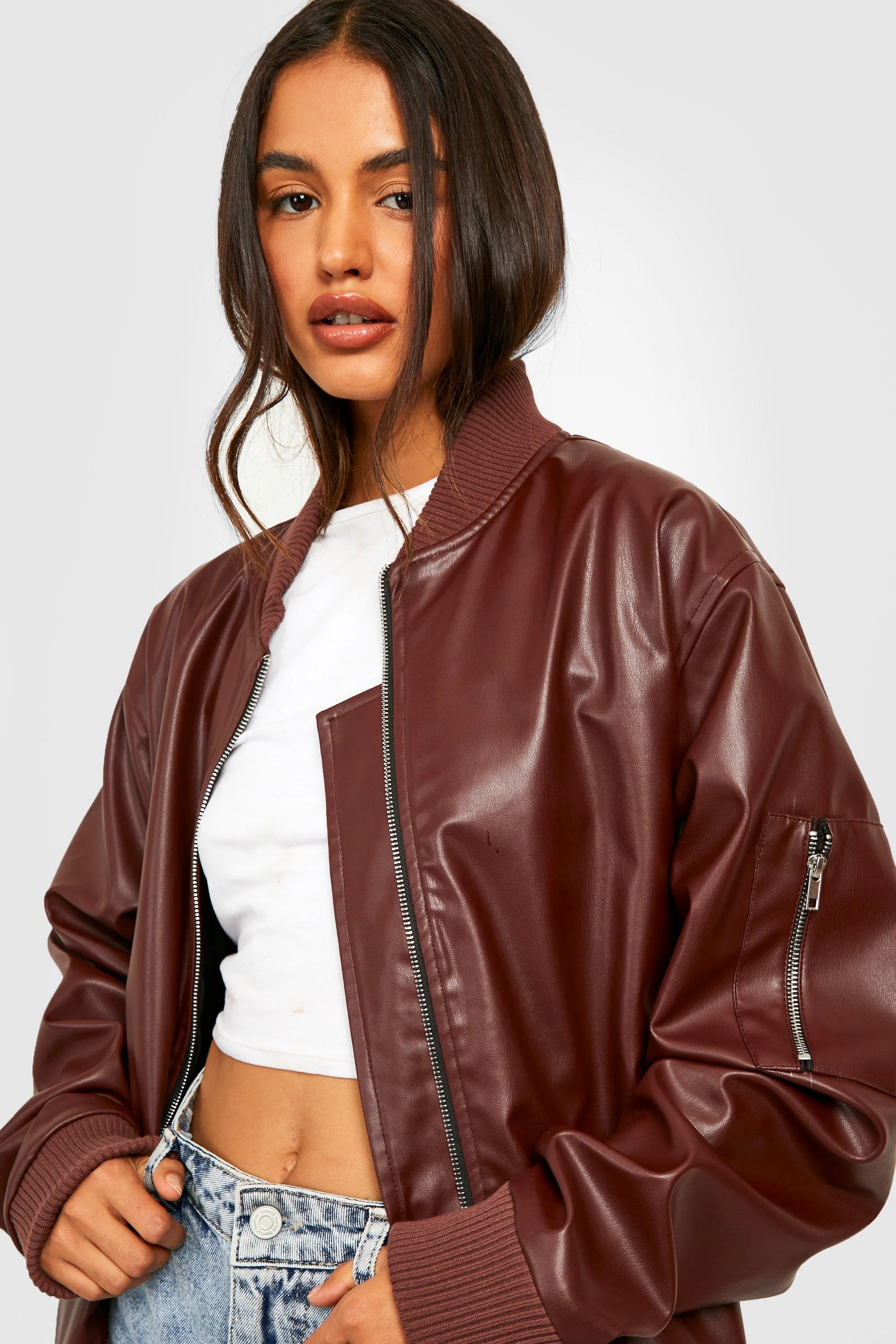 Oversized Faux Leather Bomber Jacket