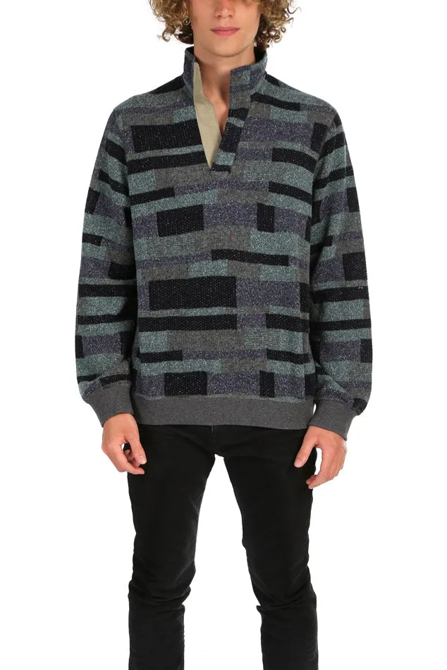 Patchwork Pop Collar Pullover Charcoal/Blue/Green