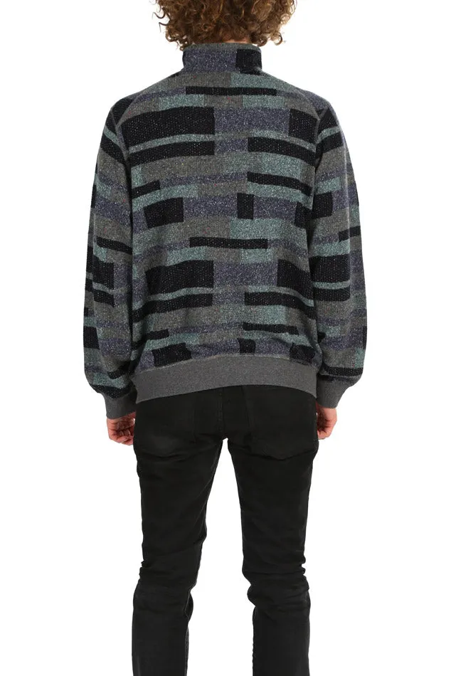 Patchwork Pop Collar Pullover Charcoal/Blue/Green