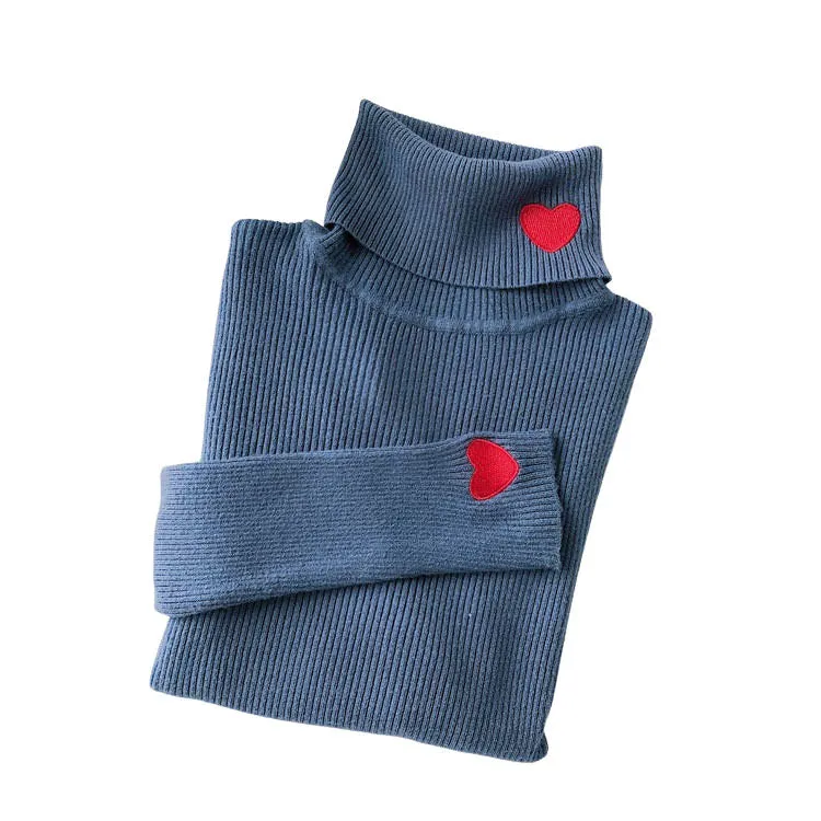 Red Heart Embroidery Turtleneck Jumper