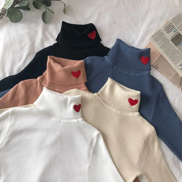 Red Heart Embroidery Turtleneck Jumper