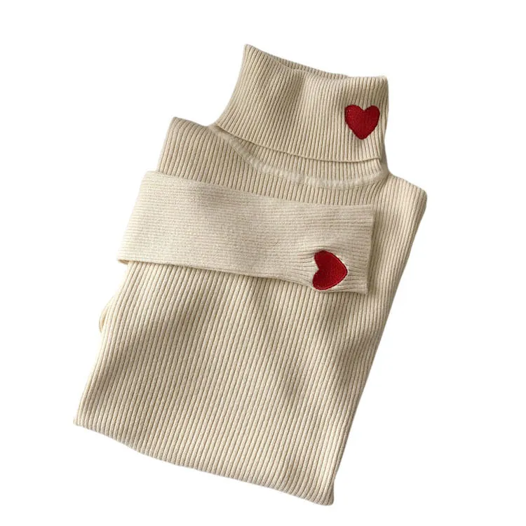 Red Heart Embroidery Turtleneck Jumper