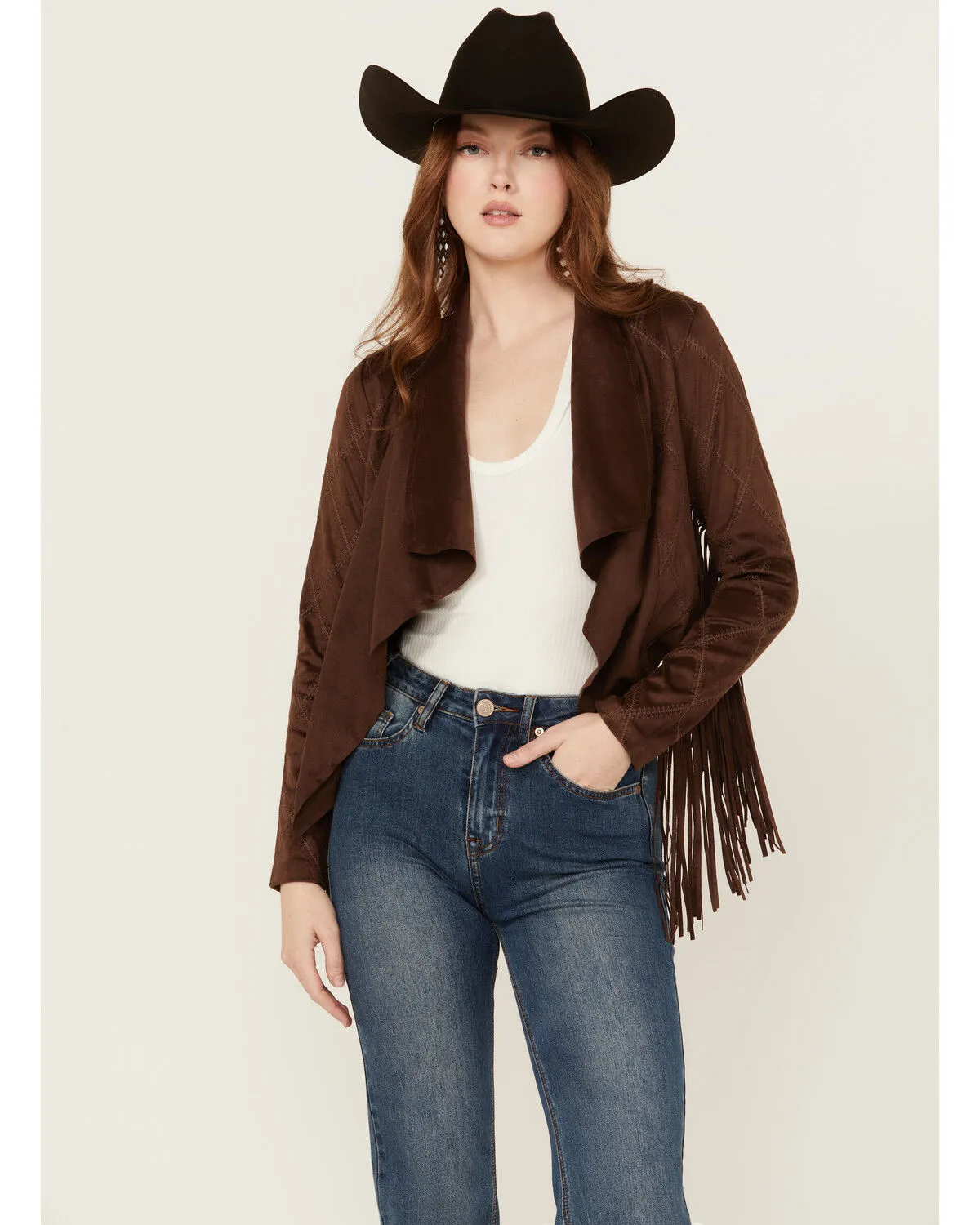 Shyanne Women's Open Front Faux Suede Fringe Jacket