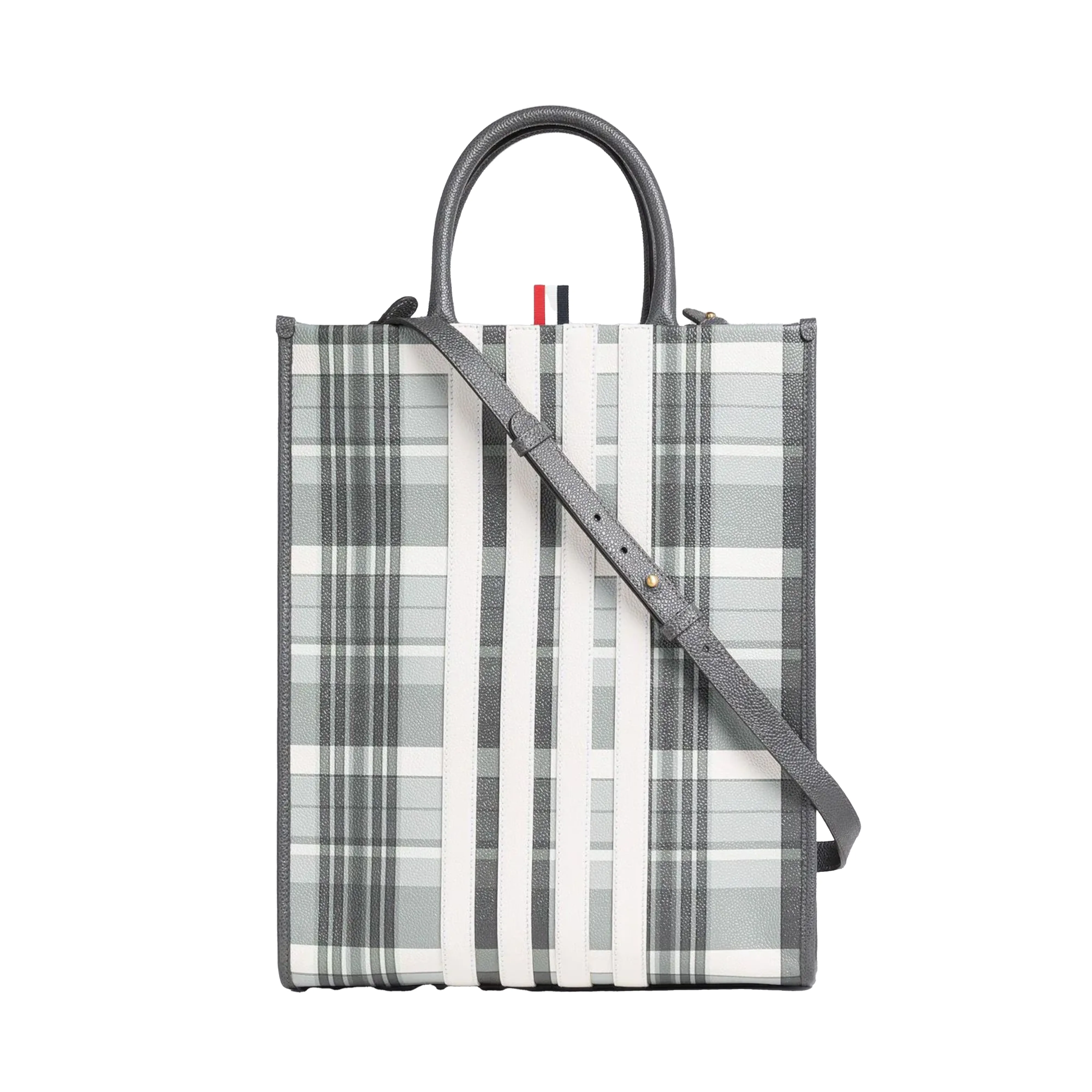 THOM BROWNE  Pebble Grain Leather 4-Bar Vertical Tote Black/White 