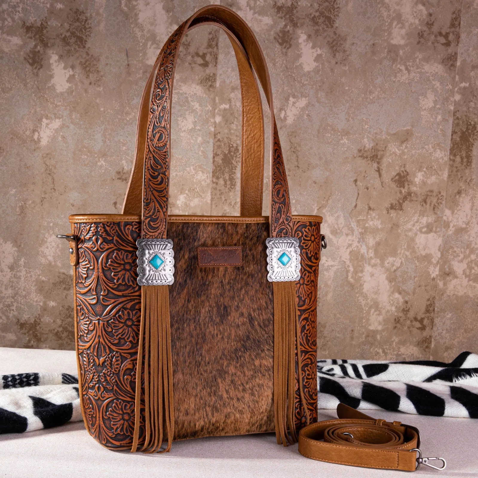 WG66-G2002 Wrangler Hair-On Cowhide Vintage Floral Concealed Carry Tote/Crossbody - Brown