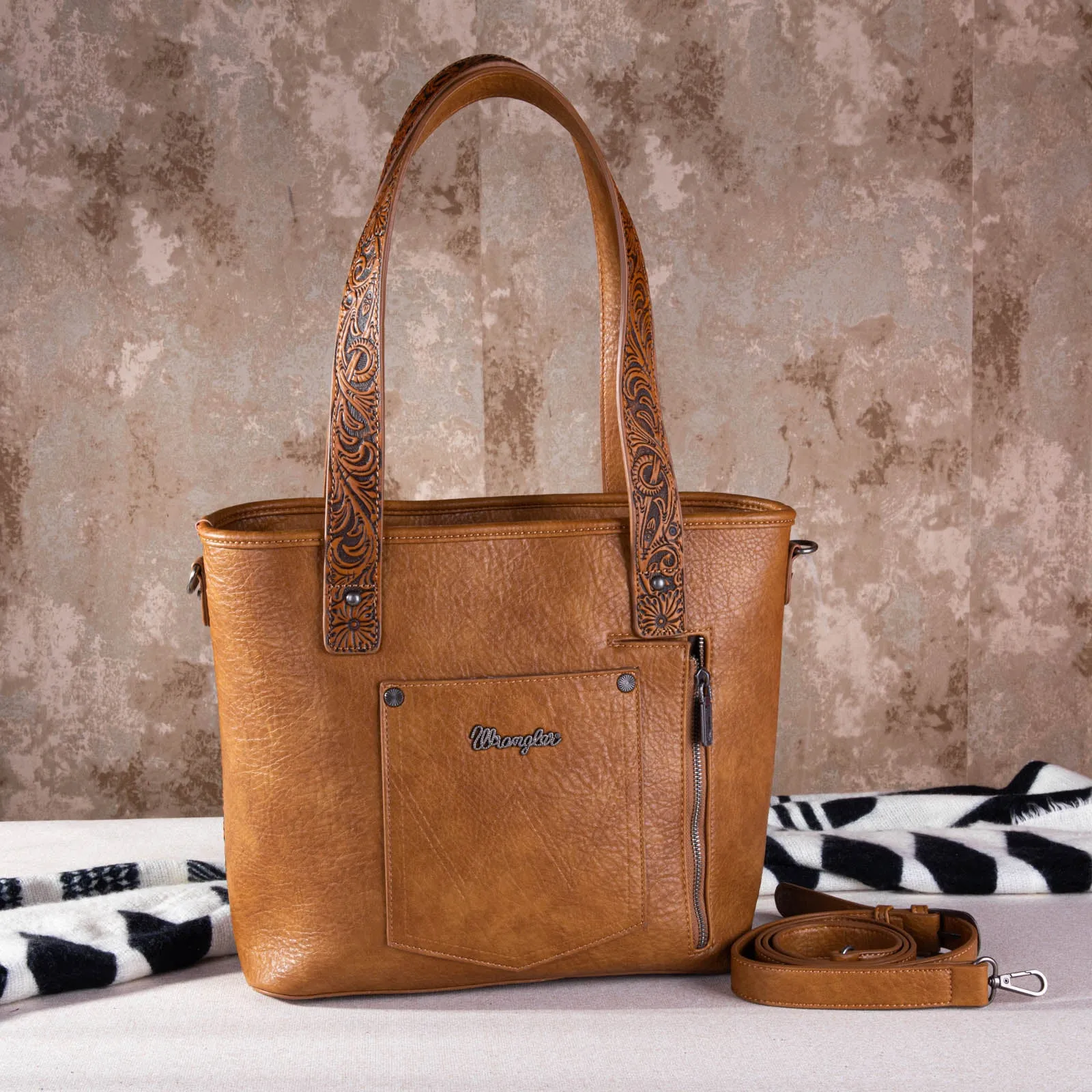 WG66-G2002 Wrangler Hair-On Cowhide Vintage Floral Concealed Carry Tote/Crossbody - Brown