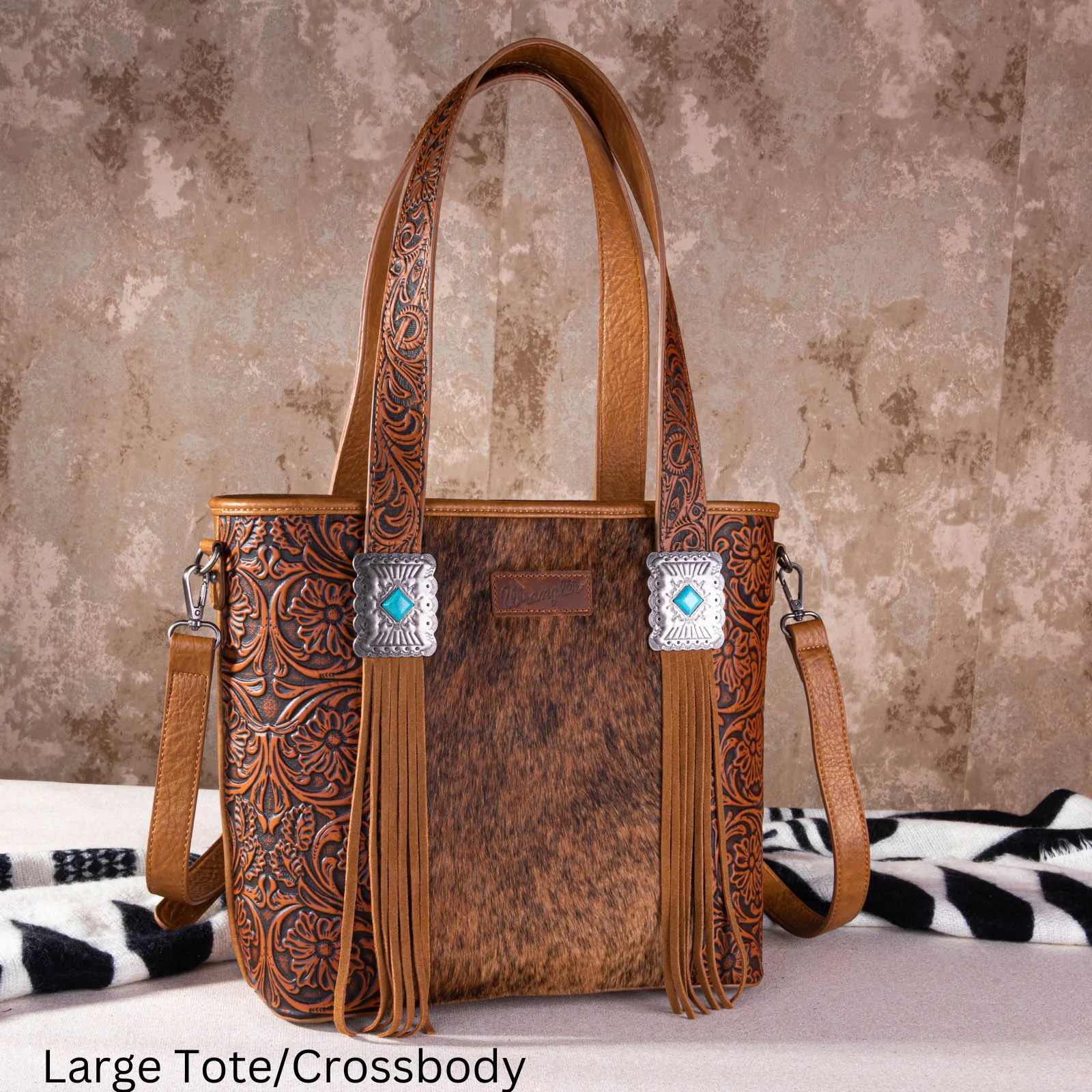 WG66-G2002 Wrangler Hair-On Cowhide Vintage Floral Concealed Carry Tote/Crossbody - Brown