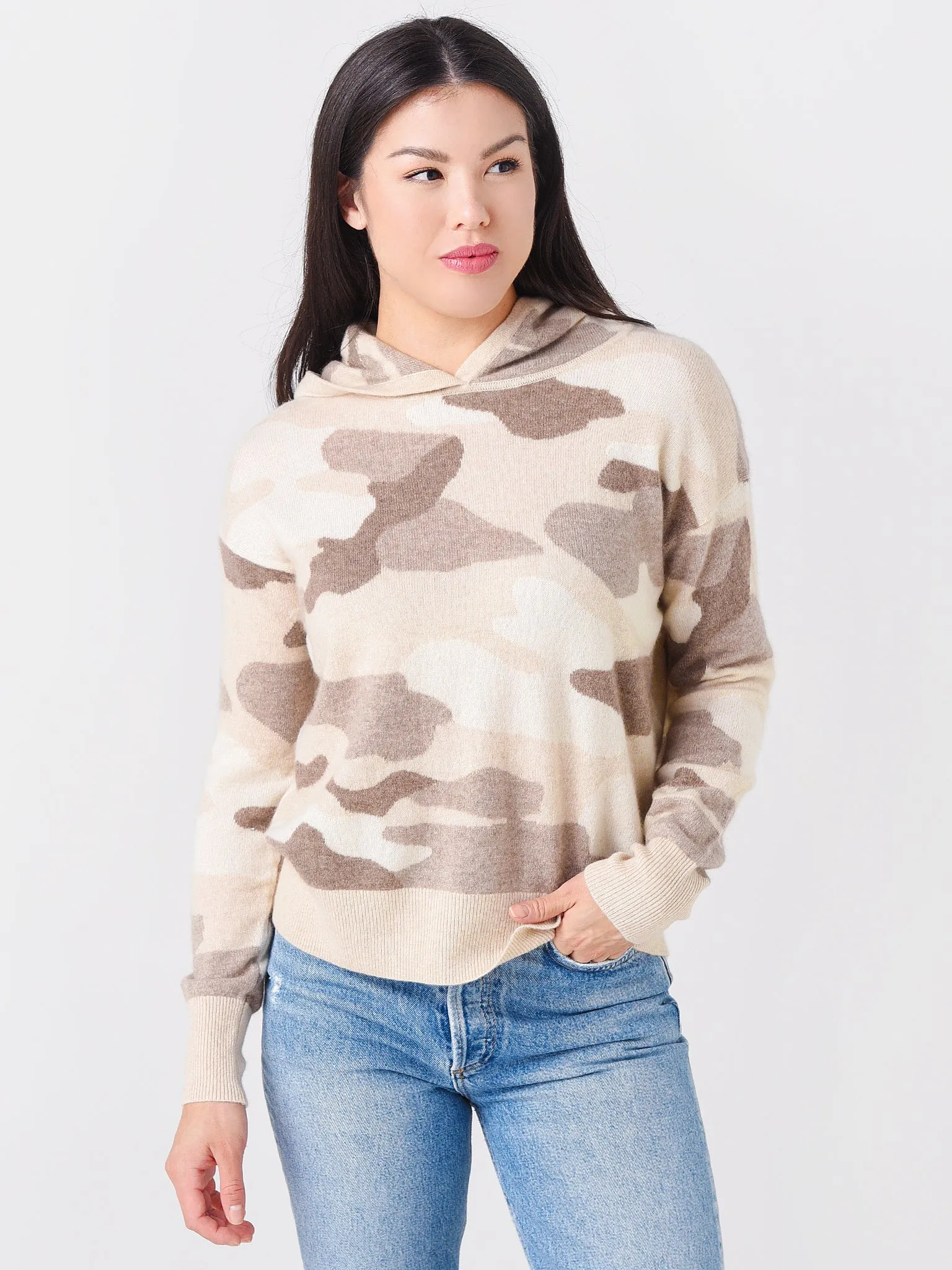     WHITE + WARREN  Women's Camo Cashmere Intarsia Hoodie    